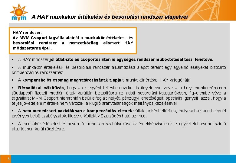 A HAY munkakör értékelési és besorolási rendszer alapelvei HAY rendszer: Az MVM Csoport tagvállalatainál