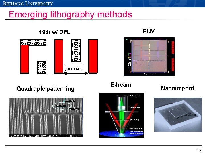 Emerging lithography methods EUV 193 i w/ DPL mindp Quadruple patterning E-beam Nanoimprint 28 Emerging lithography methods EUV 193 i w/ DPL mindp Quadruple patterning E-beam Nanoimprint 28