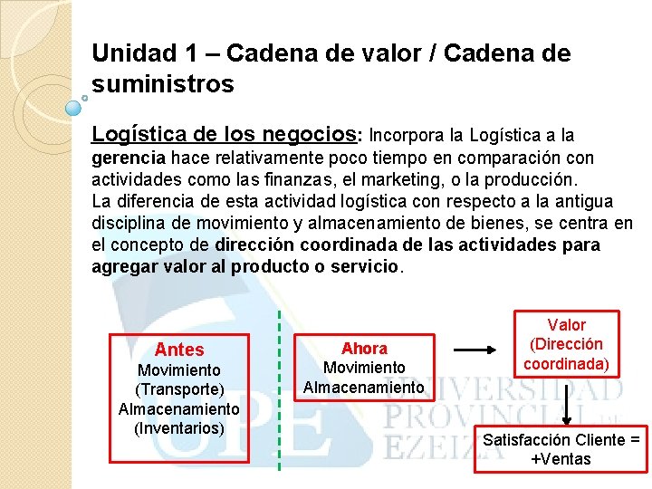 Unidad 1 – Cadena de valor / Cadena de suministros Logística de los negocios: