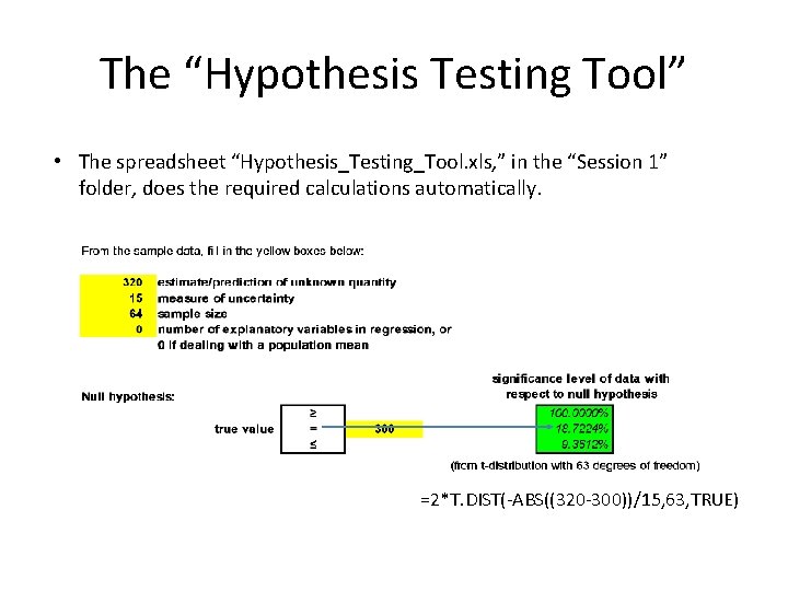 The “Hypothesis Testing Tool” • The spreadsheet “Hypothesis_Testing_Tool. xls, ” in the “Session 1”