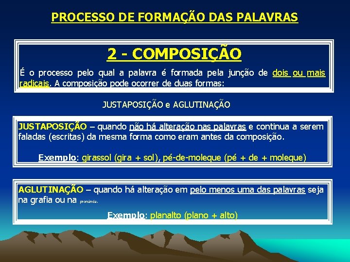 PROCESSO DE FORMAÇÃO DAS PALAVRAS 2 - COMPOSIÇÃO É o processo pelo qual a