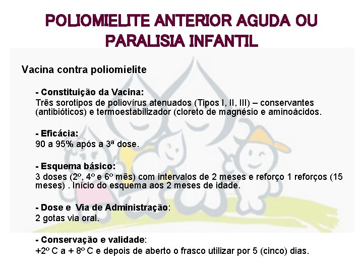 POLIOMIELITE ANTERIOR AGUDA OU PARALISIA INFANTIL Vacina contra poliomielite - Constituição da Vacina: Três