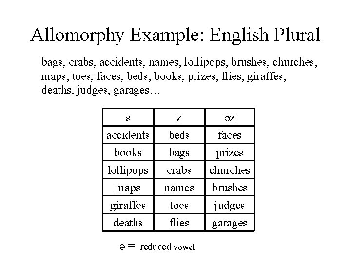 Allomorphy Example: English Plural bags, crabs, accidents, names, lollipops, brushes, churches, maps, toes, faces,