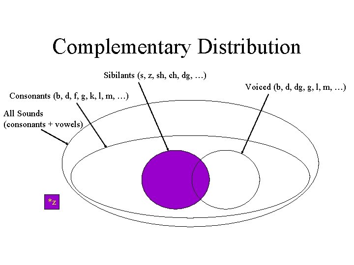 Complementary Distribution Sibilants (s, z, sh, ch, dg, …) Consonants (b, d, f, g,