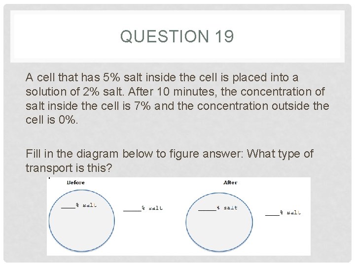 QUESTION 19 A cell that has 5% salt inside the cell is placed into QUESTION 19 A cell that has 5% salt inside the cell is placed into