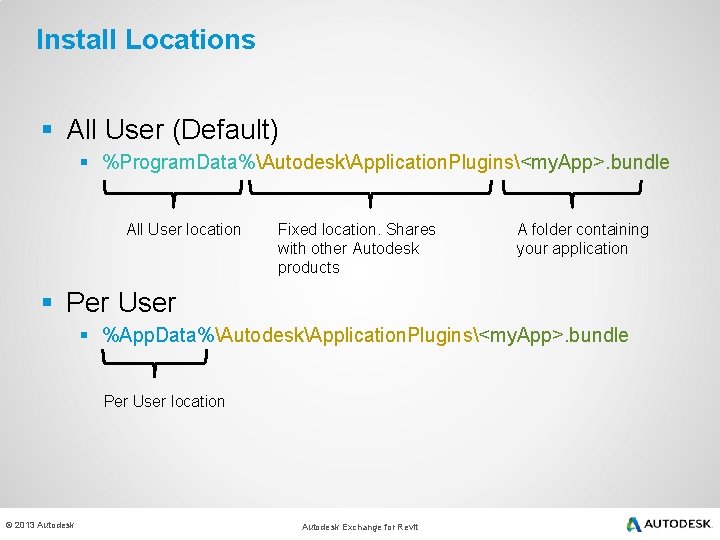 Install Locations § All User (Default) § %Program. Data%AutodeskApplication. Plugins<my. App>. bundle All User