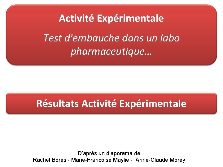 Activité Expérimentale Test d'embauche dans un labo pharmaceutique… Résultats Activité Expérimentale D’après un diaporama