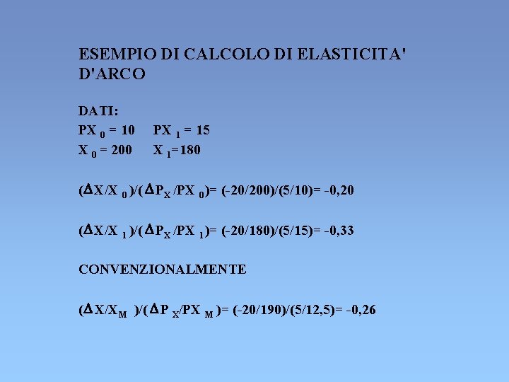ESEMPIO DI CALCOLO DI ELASTICITA' D'ARCO DATI: PX 0 = 10 X 0 = ESEMPIO DI CALCOLO DI ELASTICITA' D'ARCO DATI: PX 0 = 10 X 0 =