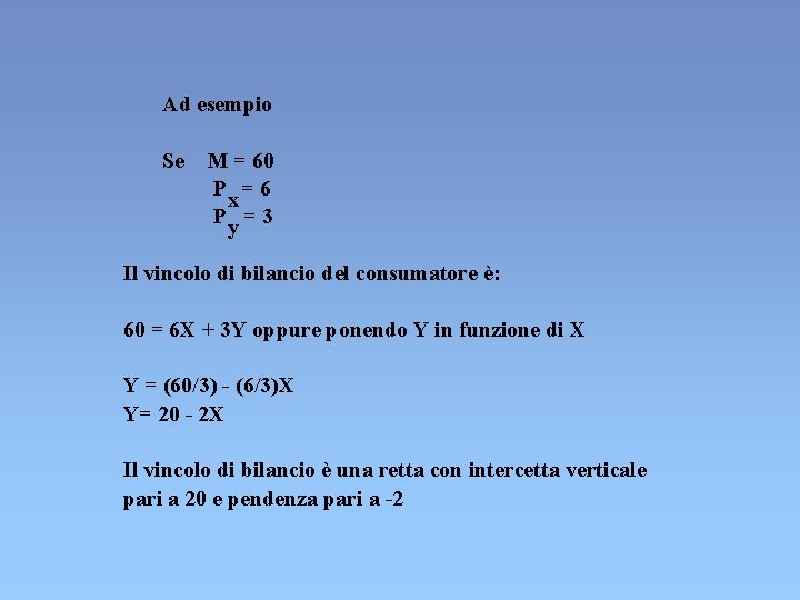 Ad esempio Se M = 60 Px = 6 Py = 3 Il vincolo Ad esempio Se M = 60 Px = 6 Py = 3 Il vincolo