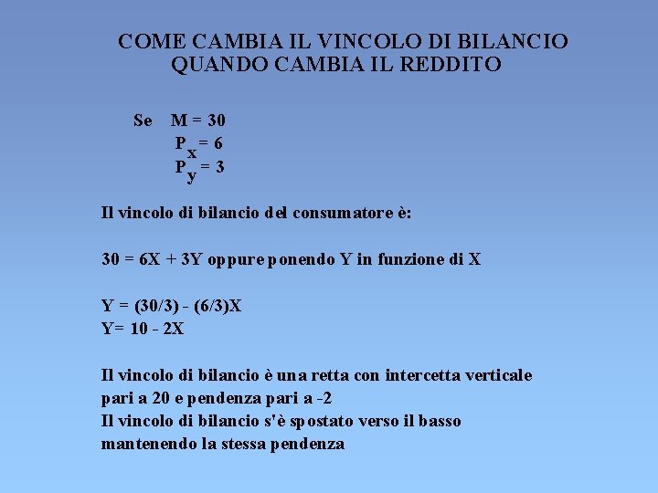 COME CAMBIA IL VINCOLO DI BILANCIO QUANDO CAMBIA IL REDDITO Se M = 30 COME CAMBIA IL VINCOLO DI BILANCIO QUANDO CAMBIA IL REDDITO Se M = 30