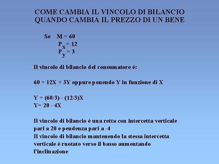 COME CAMBIA IL VINCOLO DI BILANCIO QUANDO CAMBIA IL PREZZO DI UN BENE Se COME CAMBIA IL VINCOLO DI BILANCIO QUANDO CAMBIA IL PREZZO DI UN BENE Se