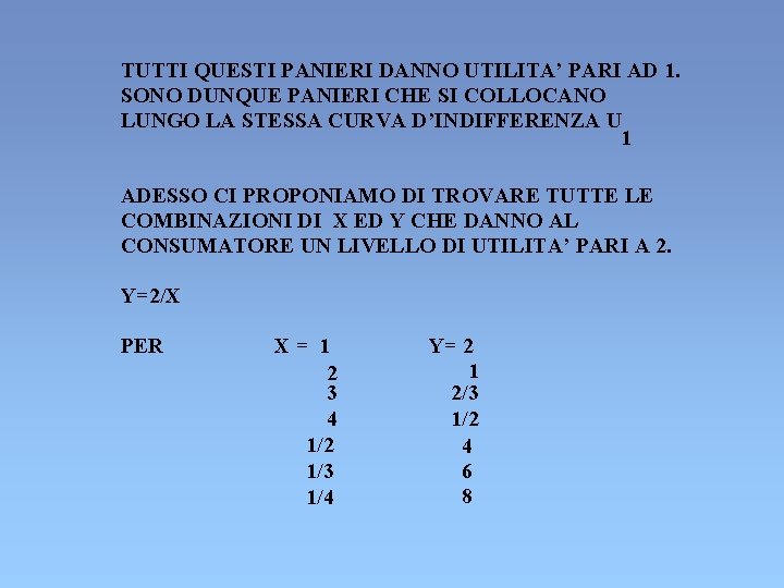 TUTTI QUESTI PANIERI DANNO UTILITA’ PARI AD 1. SONO DUNQUE PANIERI CHE SI COLLOCANO TUTTI QUESTI PANIERI DANNO UTILITA’ PARI AD 1. SONO DUNQUE PANIERI CHE SI COLLOCANO