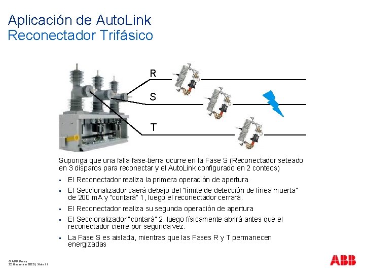 Aplicación de Auto. Link Reconectador Trifásico R S T Suponga que una falla fase-tierra