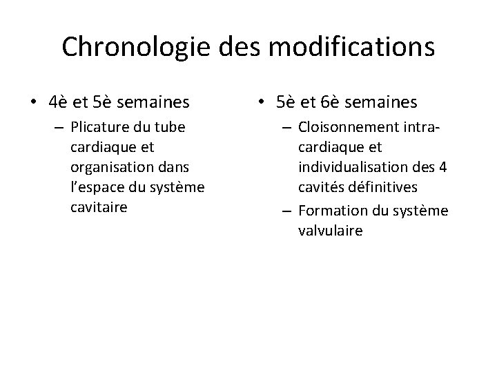 Chronologie des modifications • 4è et 5è semaines – Plicature du tube cardiaque et