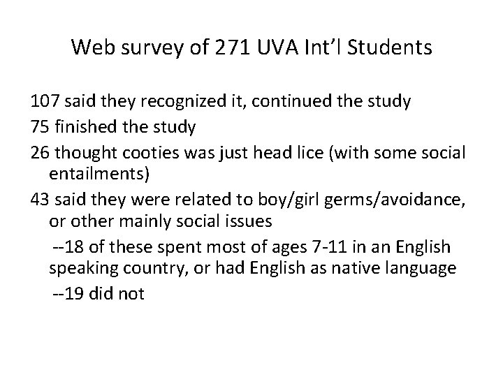 Web survey of 271 UVA Int’l Students 107 said they recognized it, continued the