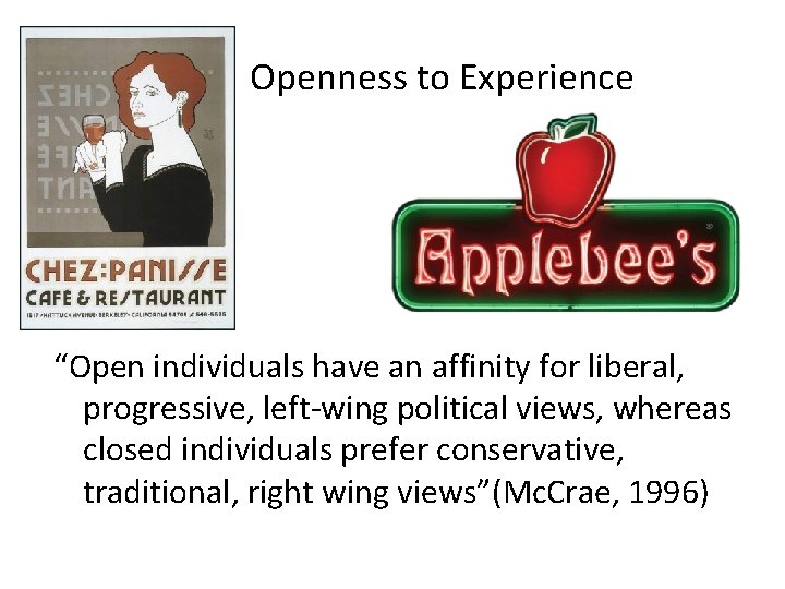 Openness to Experience “Open individuals have an affinity for liberal, progressive, left-wing political views,