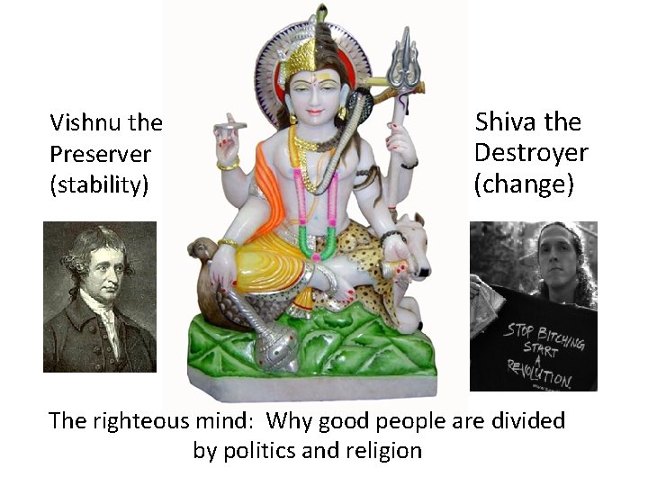 Vishnu the Preserver (stability) Shiva the Destroyer (change) The righteous mind: Why good people