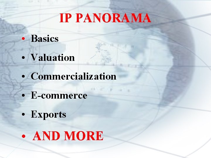 IP PANORAMA • Basics • Valuation • Commercialization • E-commerce • Exports • AND