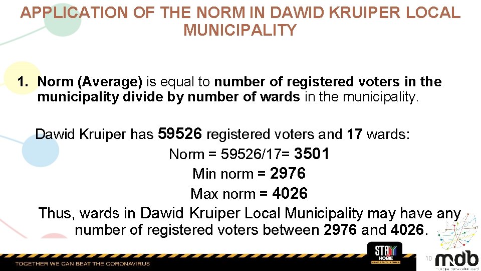 APPLICATION OF THE NORM IN DAWID KRUIPER LOCAL MUNICIPALITY 1. Norm (Average) is equal