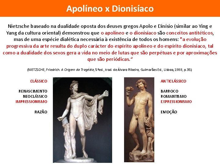 Apolíneo x Dionisíaco Nietzsche baseado na dualidade oposta dos deuses gregos Apolo e Dinísio Apolíneo x Dionisíaco Nietzsche baseado na dualidade oposta dos deuses gregos Apolo e Dinísio