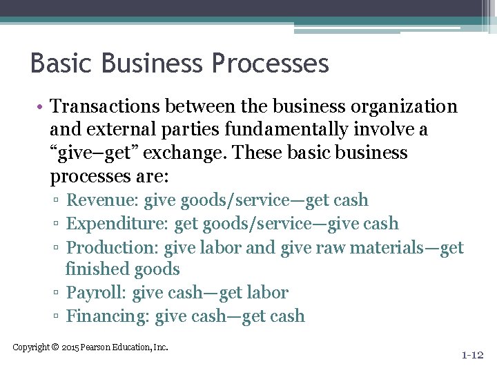 Basic Business Processes • Transactions between the business organization and external parties fundamentally involve