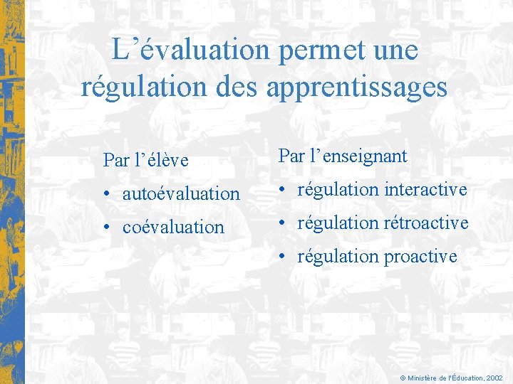 L’évaluation permet une régulation des apprentissages Par l’élève Par l’enseignant • autoévaluation • régulation