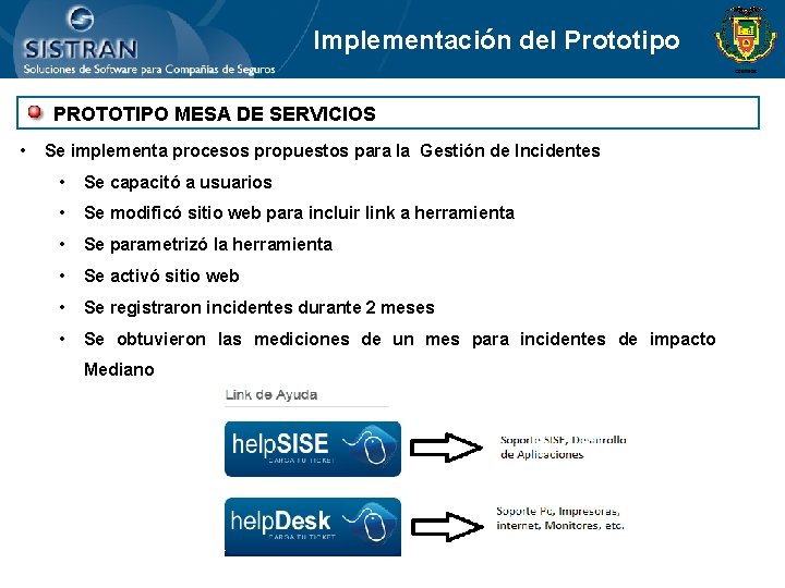 Implementación del Prototipo PROTOTIPO MESA DE SERVICIOS • Se implementa procesos propuestos para la