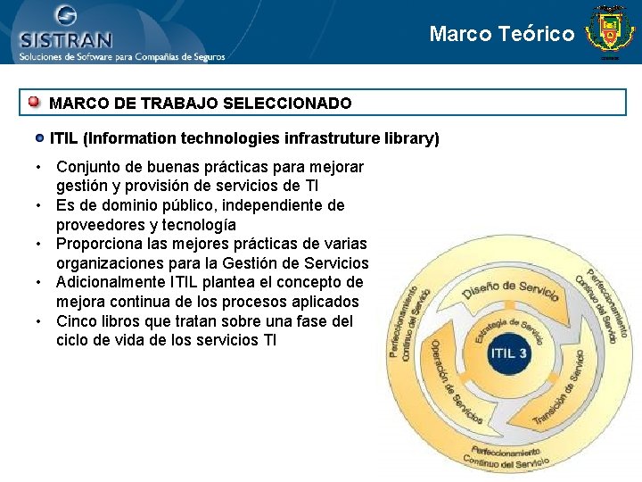 Marco Teórico MARCO DE TRABAJO SELECCIONADO ITIL (Information technologies infrastruture library) • Conjunto de