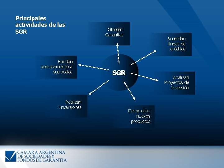 Principales actividades de las SGR Brindan asesoramiento a sus socios Realizan Inversiones Otorgan Garantías