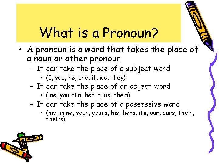 What is a Pronoun? • A pronoun is a word that takes the place
