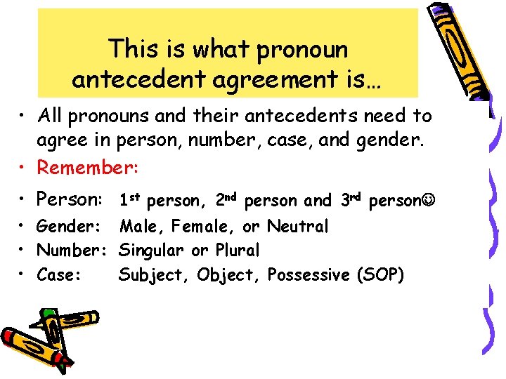 This is what pronoun antecedent agreement is… • All pronouns and their antecedents need