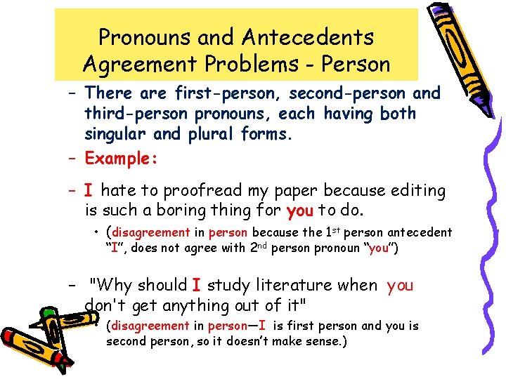 Pronouns and Antecedents Agreement Problems - Person – There are first-person, second-person and third-person