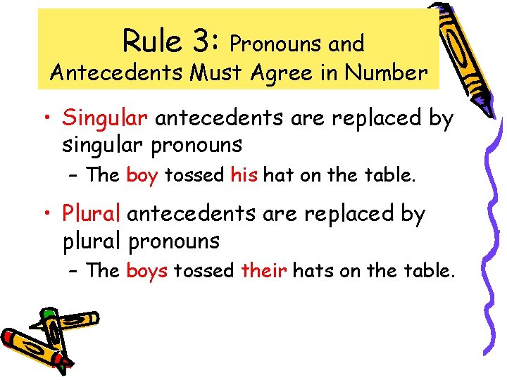 Rule 3: Pronouns and Antecedents Must Agree in Number • Singular antecedents are replaced