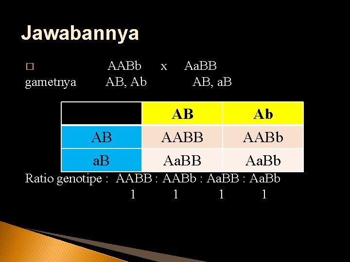 Jawabannya � gametnya AABb AB, Ab AB a. B x Aa. BB AB, a.