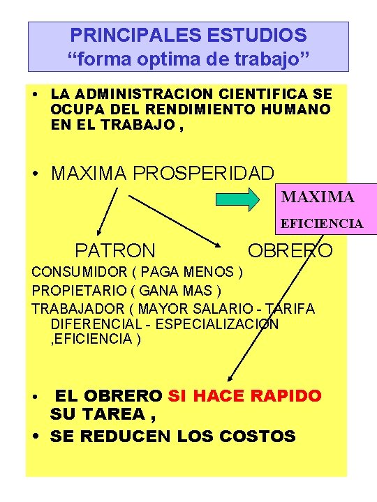 PRINCIPALES ESTUDIOS “forma optima de trabajo” • LA ADMINISTRACION CIENTIFICA SE OCUPA DEL RENDIMIENTO