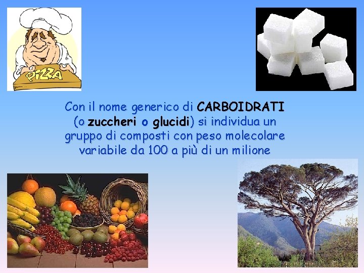 Con il nome generico di CARBOIDRATI (o zuccheri o glucidi) si individua un gruppo