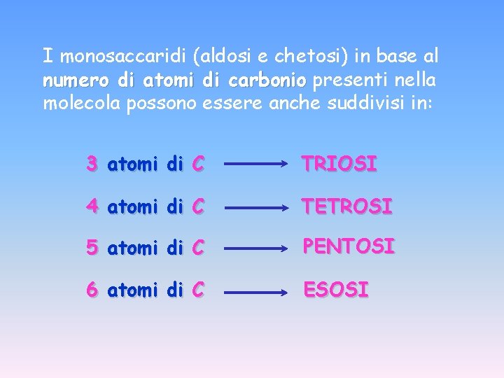 I monosaccaridi (aldosi e chetosi) in base al numero di atomi di carbonio presenti