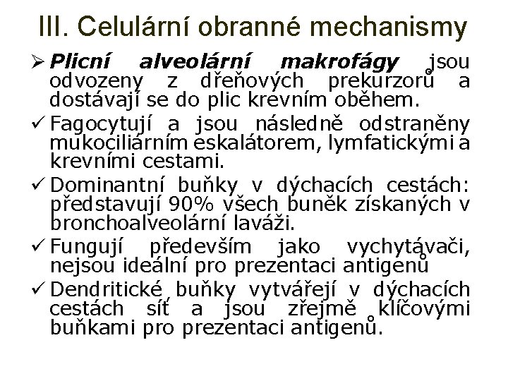 III. Celulární obranné mechanismy Ø Plicní alveolární makrofágy jsou odvozeny z dřeňových prekurzorů a III. Celulární obranné mechanismy Ø Plicní alveolární makrofágy jsou odvozeny z dřeňových prekurzorů a