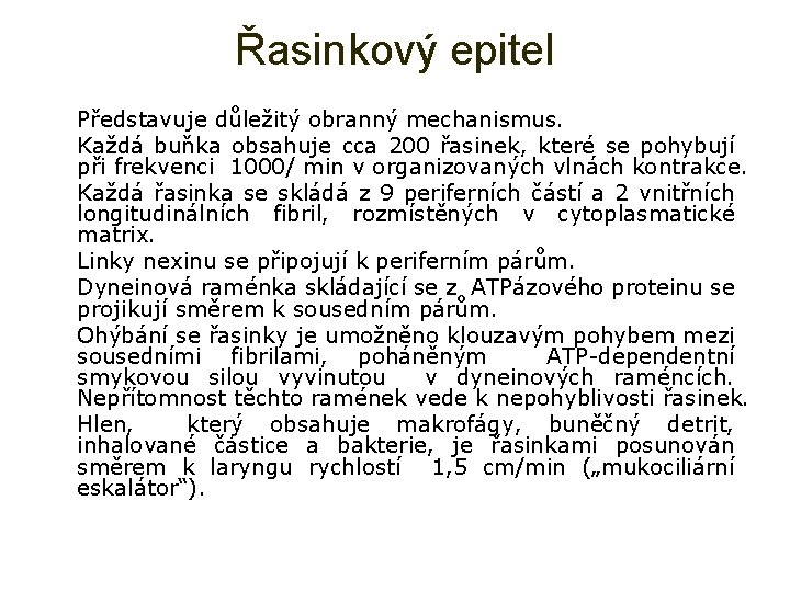 Řasinkový epitel Ø Ø Ø Ø Představuje důležitý obranný mechanismus. Každá buňka obsahuje cca