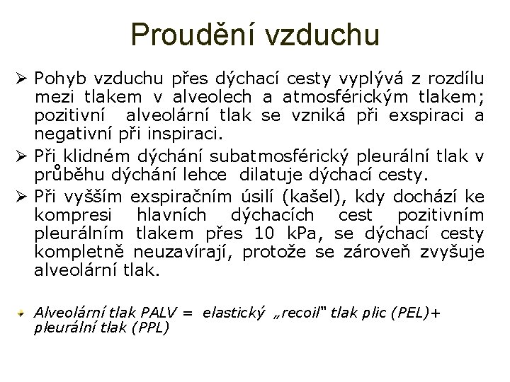 Proudění vzduchu Ø Pohyb vzduchu přes dýchací cesty vyplývá z rozdílu mezi tlakem v Proudění vzduchu Ø Pohyb vzduchu přes dýchací cesty vyplývá z rozdílu mezi tlakem v
