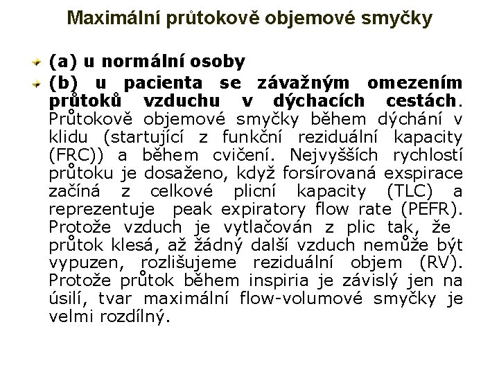 Maximální průtokově objemové smyčky (a) u normální osoby (b) u pacienta se závažným omezením