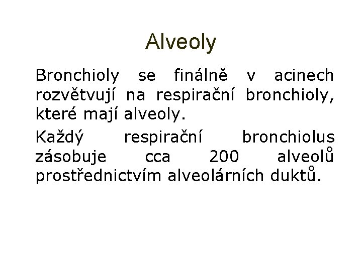 Alveoly Ø Bronchioly se finálně v acinech rozvětvují na respirační bronchioly, které mají alveoly.