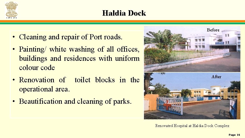 Haldia Dock • Cleaning and repair of Port roads. Before • Painting/ white washing