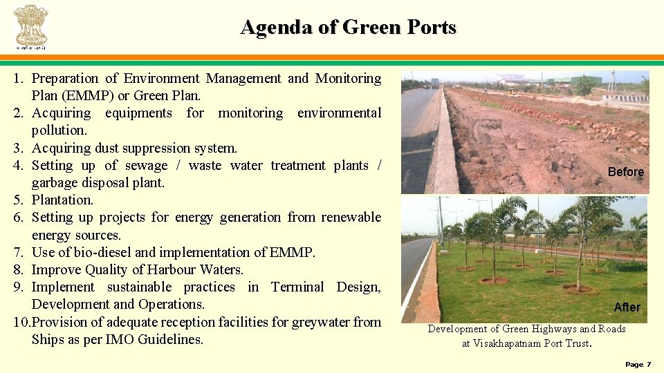 Agenda of Green Ports 1. Preparation of Environment Management and Monitoring Plan (EMMP) or