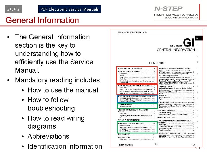 STEP 1 PDF Electronic Service Manuals General Information • The General Information section is