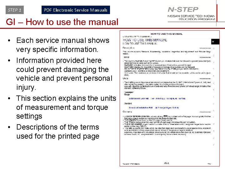 STEP 1 PDF Electronic Service Manuals GI – How to use the manual •