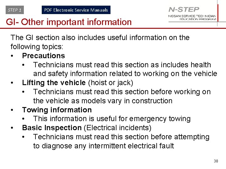 STEP 1 PDF Electronic Service Manuals GI- Other important information The GI section also
