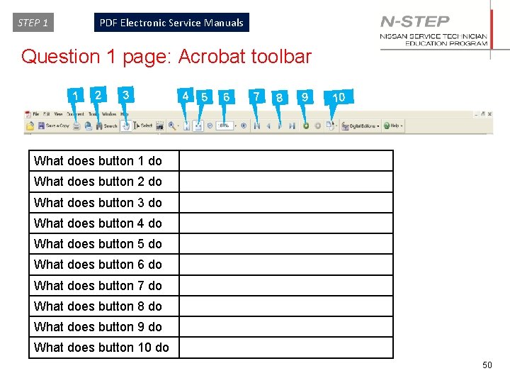 STEP 1 PDF Electronic Service Manuals Question 1 page: Acrobat toolbar 1 2 3