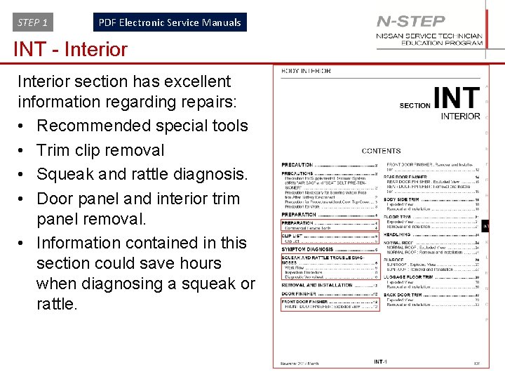 STEP 1 PDF Electronic Service Manuals INT - Interior section has excellent information regarding