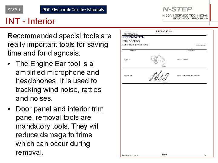 STEP 1 PDF Electronic Service Manuals INT - Interior Recommended special tools are really